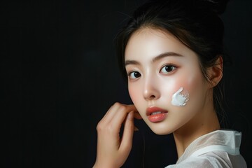 Korean model woman face with white makeup, dark eye shadow, striking contrast against black background. Beauty studio promo image with focus on facial beauty, makeup application, intriguing gaze.