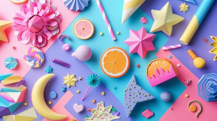 Fototapeta premium Colorful 3D Paper Crafts - A colorful and creative flatlay featuring 3D paper crafts in various geometric shapes, creating a vibrant and playful design.