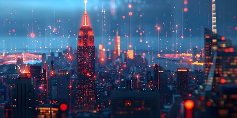Obraz premium Cyberpunk-Themed New York City in Nighttime 3D Rendering on Computer Screen. Concept Cyberpunk, New York City, Nighttime, 3D Rendering, Computer Screen