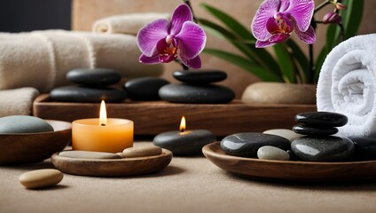 Serene spa setup with orchids, towels, and hot stones for relaxation