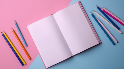 open coloring book for kids with pastel colors and pencils top view mockup