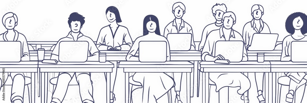 Poster people working on laptops in a class setting - an illustration of people working on laptops in a cla