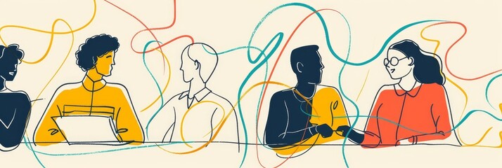 Teamwork Collaboration: People Connecting and Working Together - A group of people working together, representing teamwork and collaboration. The colorful lines symbolize connection and communication.