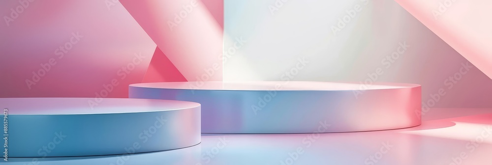 Poster minimalist abstract 3d rendering with cylindrical platforms and pastel color palette - a simple 3d r