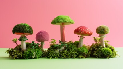 playful and creative moss-covered sculptures with whimsical items on colorful background