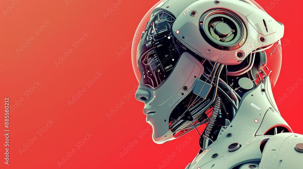 Poster futuristic robot portrait - a close up portrait of a futuristic robot's head, showcasing the intrica