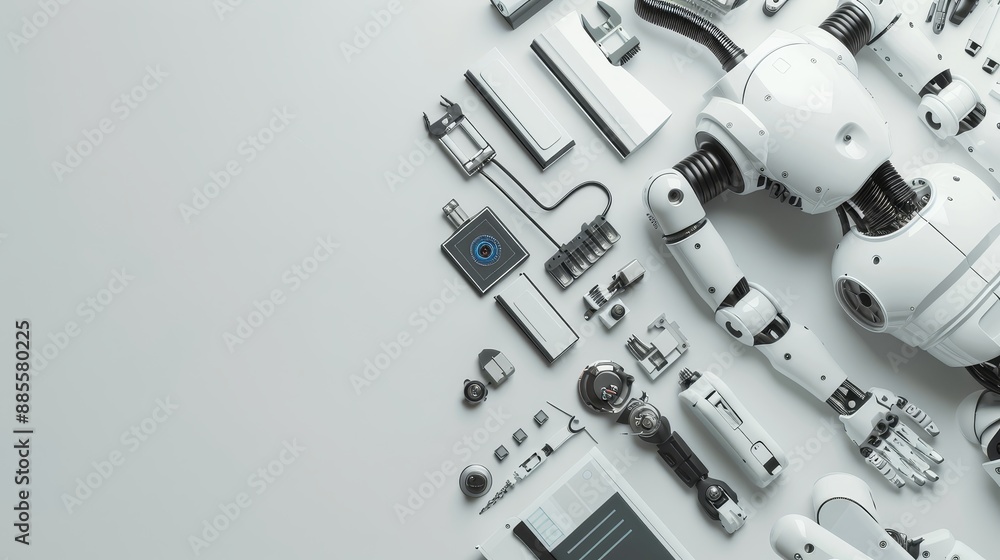 Poster disassembled robot parts on a white background - a disassembled robot with its various components ar