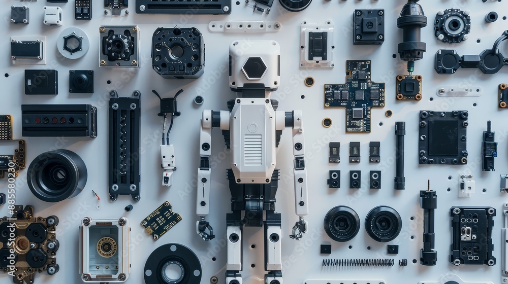 Poster robot made of parts - a white robot constructed of various electronic parts. this image represents t