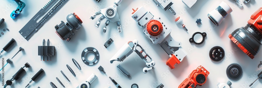 Poster robotics and machine parts background - a colorful flatlay of various robotic and machine parts agai