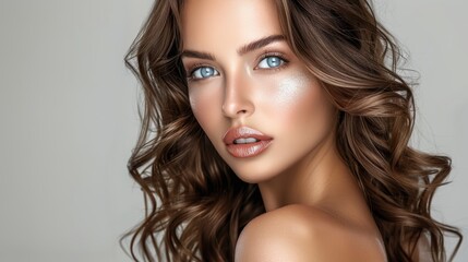 Fototapeta premium Beauty portrait of model with natural make-up. Fashion shiny highlighter on skin sexy gloss lips make-up