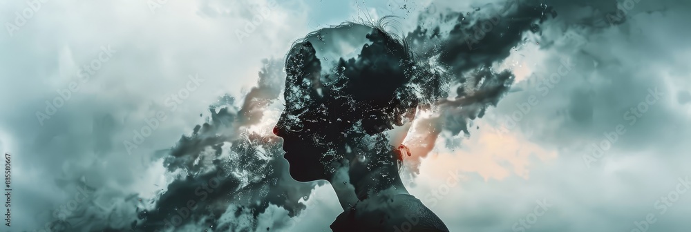 Poster abstract portrait of a person with clouds in the background - an abstract portrait of a person with 