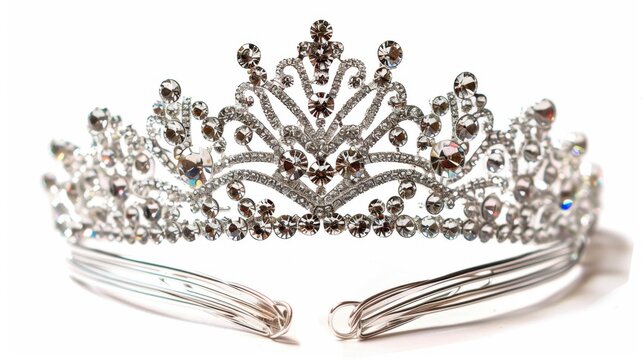 A pair of elegant tiaras adorned with sparkling rhinestones, showcasing intricate details and delicate craftsmanship, perfect for enhancing any dance performance or costume, displayed on an isolated