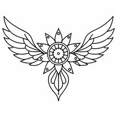 Doodle bird with intricate mandala wings, white background
