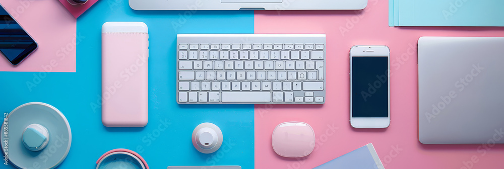 Poster tech gadgets on a colorful background - a flatlay showcasing various tech gadgets, including a keybo