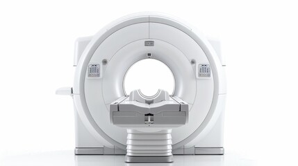 An MRI machine viewed from the front, with its circular opening clearly visible, against a white background. Isolate white background