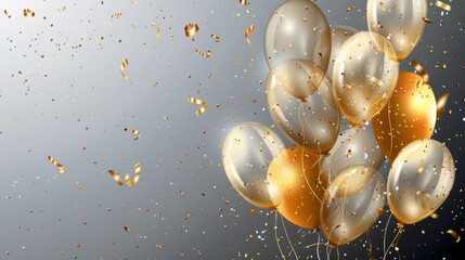 3D abstract illustration with glossy metallic golden balloons over gradient bright background. Birthday background with balloons.