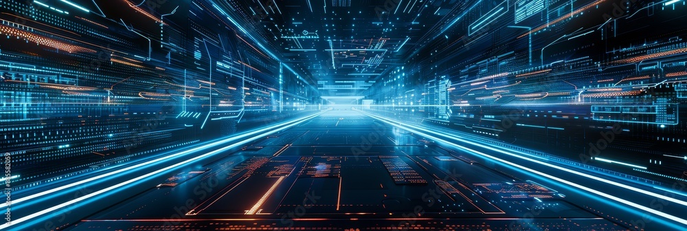Aufkleber cyberpunk neon tunnel of data - a futuristic tunnel filled with glowing blue neon lines and data str