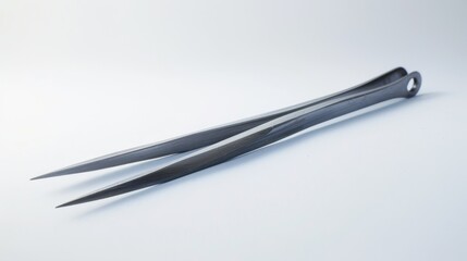 A pair of tweezers laid flat on a clean white surface, with tips facing forward. Isolate white background