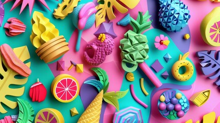 Fototapeta premium Summertime Tropical 3D Design - A colorful 3D illustration of tropical fruits and leaves, abstract geometric shapes, and vibrant colors.