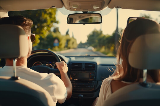 A man and a woman are traveling in a car. Family goes in a vehicle. 