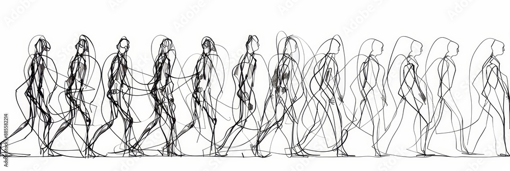 Poster line drawing of walking figures - a black and white line drawing showcasing a series of walking figu