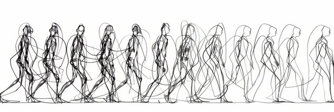 Line Drawing of Walking Figures - A black and white line drawing showcasing a series of walking figures, capturing the motion of movement in a dynamic abstract style.