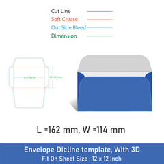 Envelope Dieline template, 3D, Size 162x114mm