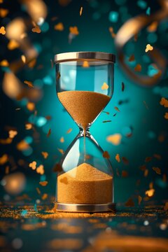 Close-up of Hourglass with golden sand flowing, symbolizing passing time and celebration, surrounded by golden confetti on teal background.