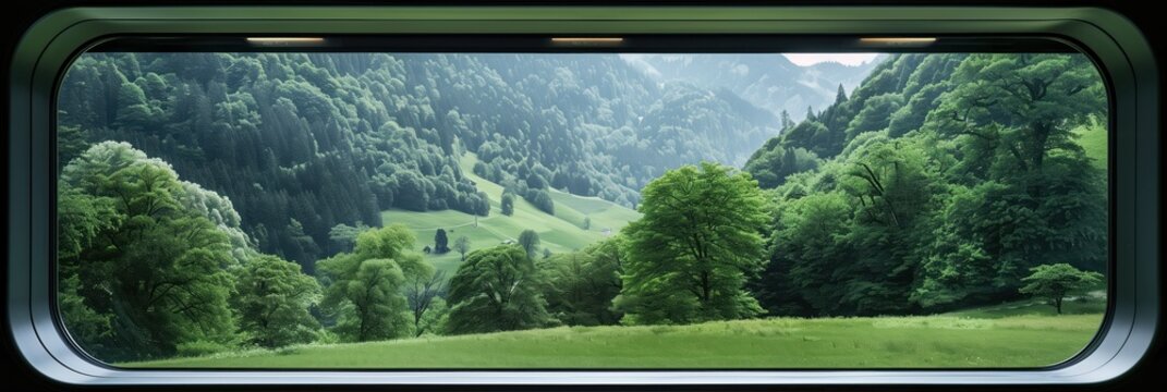Train window view of green forest landscape with rolling hills and blue sky. Suitable for travel agency, tour promotions. Eco tourism, nature photography. Serene moment in Swiss countryside.