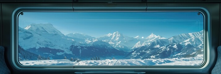 Train travels through Swiss Alps mountains with snow-capped peaks touching blue sky. Soft light inside train creates warm atmosphere. Passenger views breathtaking scenery from window seat on journey.