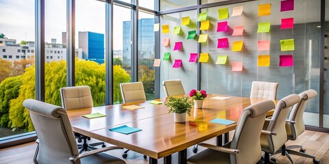 Colorful sticky notes and whiteboard brainstorming diagrams surround a modern conference table, symbolizing a collaborative effort to build an equitable and inclusive workplace culture.