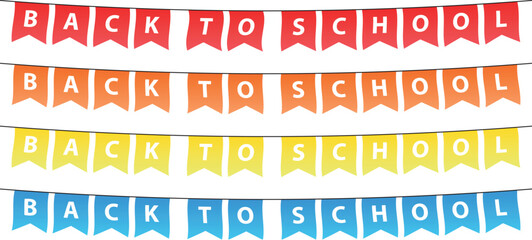 Decorative pennants in different colours for back to school celebrations. Concept: School, students, university studies, primary school.