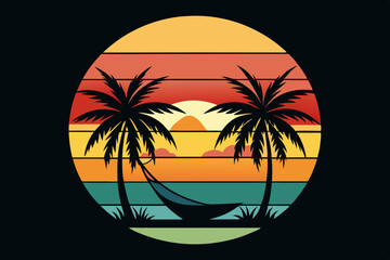 

Retro and vintage summer beach vector t-shirt design with palm tree, Tropical sunset with palm trees vector graphic illustration