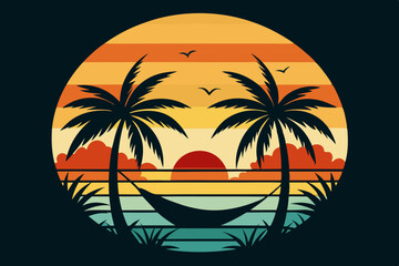 

Retro and vintage summer beach vector t-shirt design with palm tree, Tropical sunset with palm trees vector graphic illustration