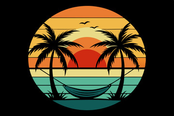 

Retro and vintage summer beach vector t-shirt design with palm tree, Tropical sunset with palm trees vector graphic illustration