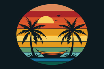 

Retro and vintage summer beach vector t-shirt design with palm tree, Tropical sunset with palm trees vector graphic illustration