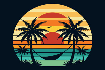 

Retro and vintage summer beach vector t-shirt design with palm tree, Tropical sunset with palm trees vector graphic illustration
