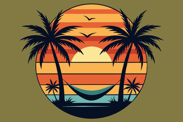 

Retro and vintage summer beach vector t-shirt design with palm tree, Tropical sunset with palm trees vector graphic illustration