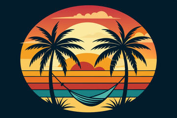 

Retro and vintage summer beach vector t-shirt design with palm tree, Tropical sunset with palm trees vector graphic illustration