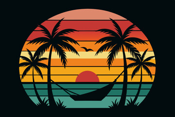 

Retro and vintage summer beach vector t-shirt design with palm tree, Tropical sunset with palm trees vector graphic illustration
