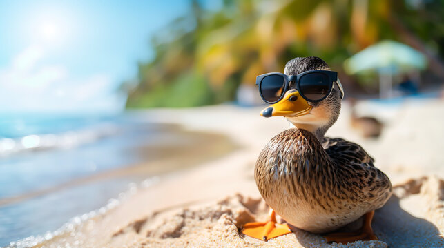 Funny duck with sunglasses on a sunny beach