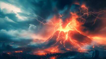 A landscape of lightning erupting from volcano with smoke and a hazy sky