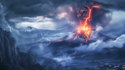 Fototapeta premium A landscape of lightning erupting from volcano with smoke and a hazy sky