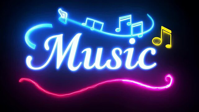 The word "Music" appears, written in neon glowing letters on a dark background.
Concept: track playlists, nightlife, music events and club culture. Invitation template
