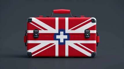 First aid kit with British flag design on a dark background. Emergency medical box in vibrant colors. Perfect for healthcare, travel, and safety-themed purposes. Flat lay arrangement. AI