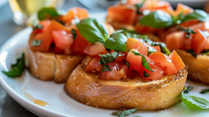 Close-up to a tasty bruschetta with tomatoes and basil on white plate