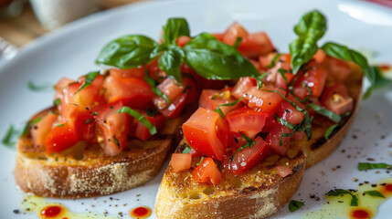 Close-up to a tasty bruschetta with tomatoes and basil on white plate
