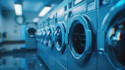 A row of blue washing machines in a public launder, suitable for use as a backdrop or to illustrate a scene about everyday life
