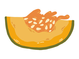 Slice of orange autumn  pumpkin Symbol of  Halloween and Thanksgiving day. Vector illustration on white background in doodle style.
