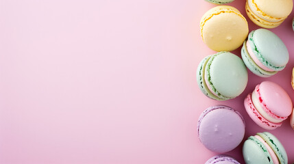 Obraz premium A close-up of various sweet colorful macarons stacked together on pink background